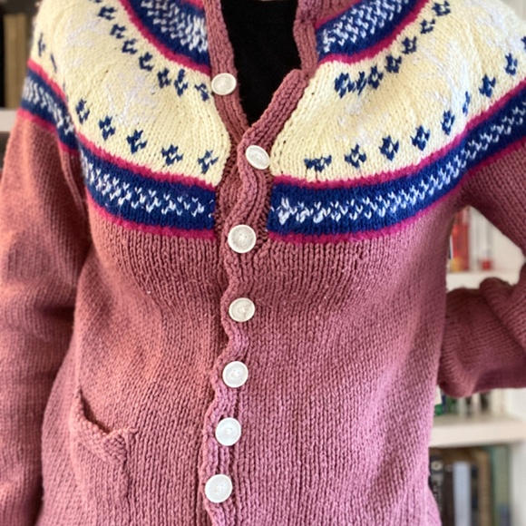 Vintage Knit Cardigan | Dusty Pink & Cream Fair Isle | S | Button Front - Picture 1 of 7